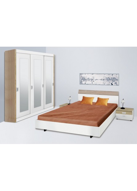 Dormitor Malaga, pal alb cu nuante sonoma, dulap usi culisante , pat 1600 x 2000